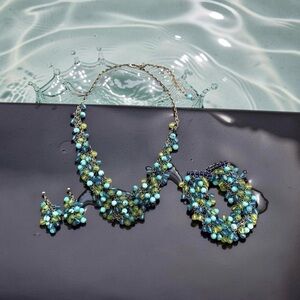 Fun Blue Teal Green Beaded Silver Toned Necklace Bracelet & Matching Earrings